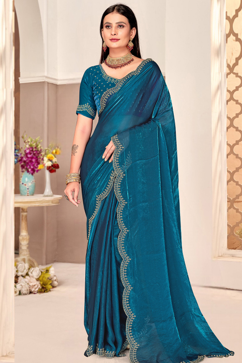 Sea Blue Satin Silk Saree With Stone Work For Diwali 