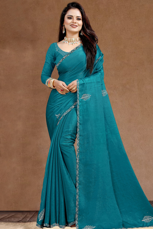 Sea Blue Satin Stone Embellished Heavy Saree