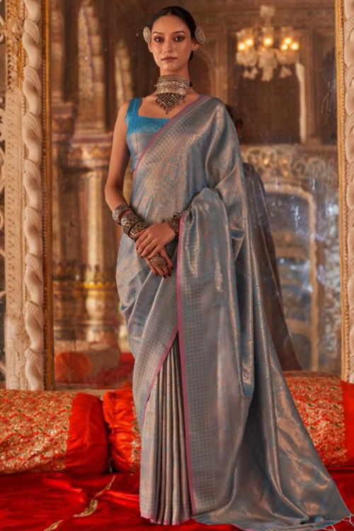 Sea Blue Silk Blend Saree With Woven Zari Work For Diwali