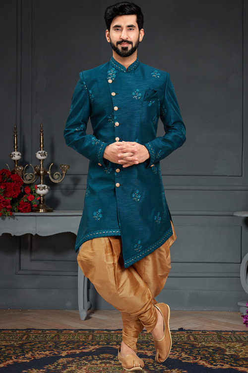 Sea Blue Silk Embroidered Men Sherwani