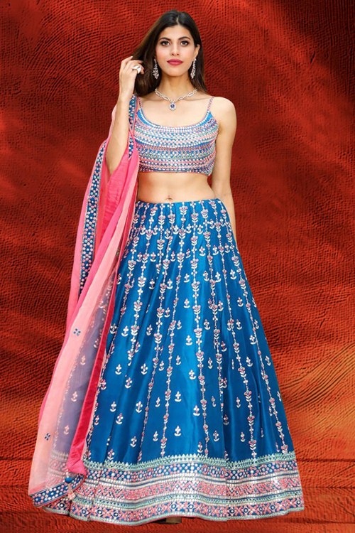 Sea Blue Silk Embroidered Panelled Style Lehenga 