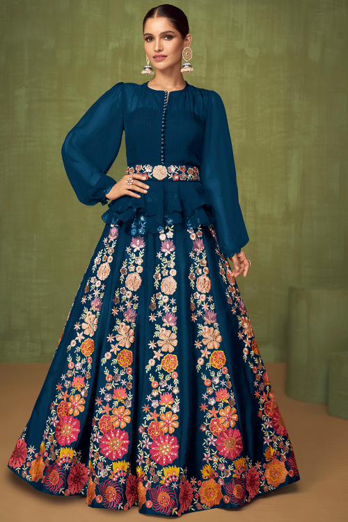 Sea Blue Silk Panelled Style Embroidered Lehenga