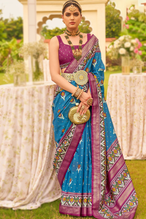 Sea Blue Silk Patola Printed Saree 