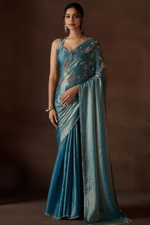 Sea Blue Silk Stone Embellished Light Weight Saree 