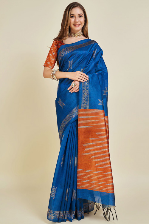 Sea Blue Silk Woven Zari Bhagalpuri Saree