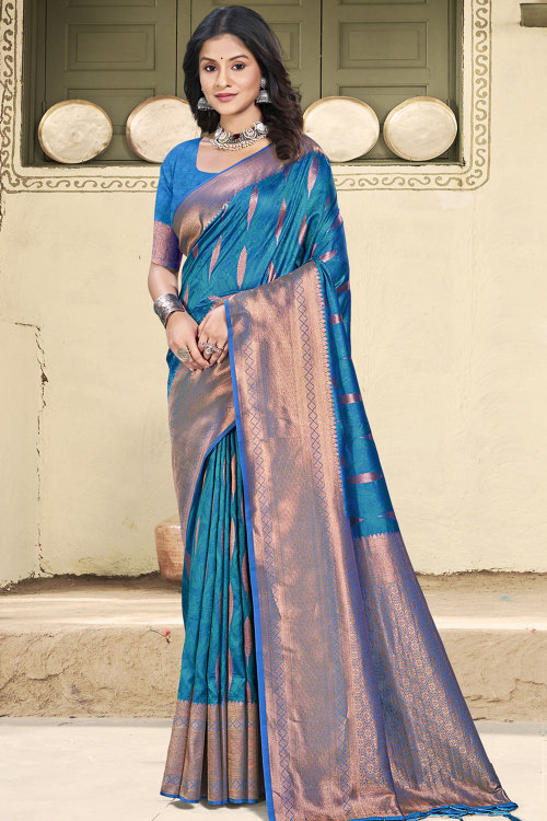 Sea Blue Zari Woven Broad Border Silk Saree