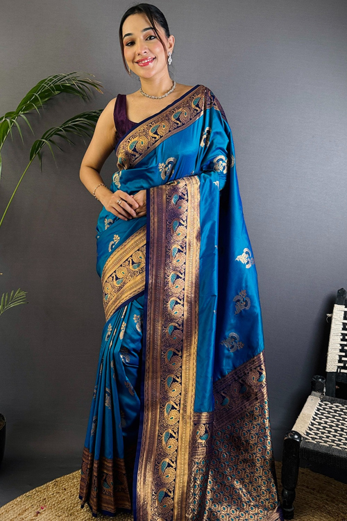 Sea Blue Soft Silk Weaved Broad Border Saree 