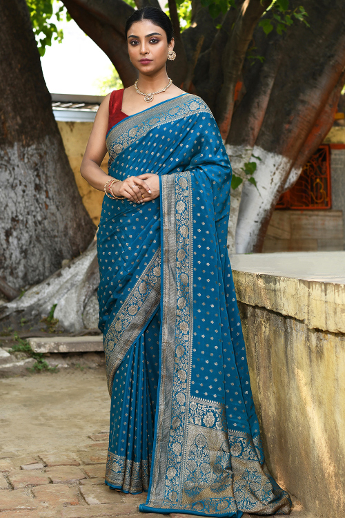 Sea Blue Soft Silk Woven Zari Broad Border Saree 