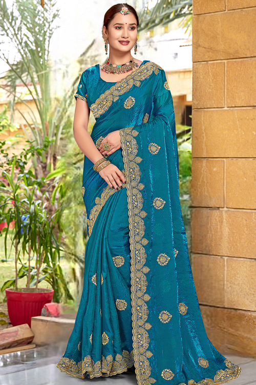 Sea Blue Stone Embellished Organza Saree For Diwali