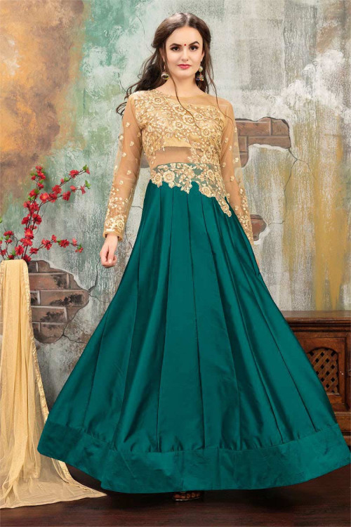 Buy Dark Green Taffeta Silk Anarkali Suit With Dupatta Online - Dmv14909