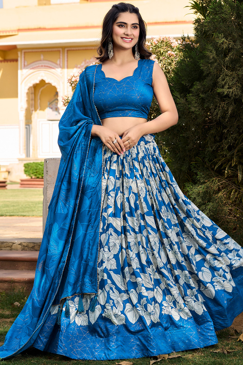 Sea Blue Tussar Silk Lehenga With Printed Work For Diwali 