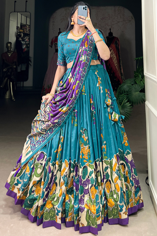 Sea Blue Tussar Silk Lehenga With Printed Work For Diwali