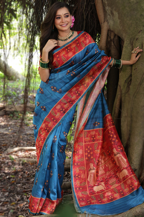 Sea Blue Tussar Silk Madhubani Printed Casual Wear Saree