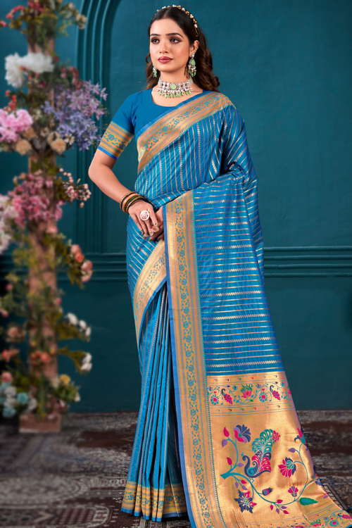 Sea Blue Weaved Paithani Silk Saree 