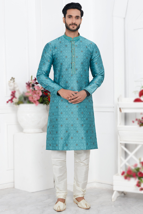 Festive Wear Men's Kurta Churidar in Jacquard Sea Blue