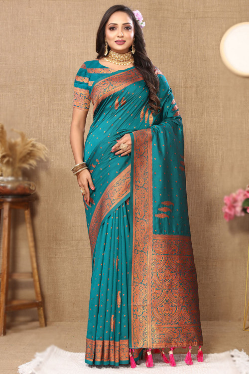 Sea Blue Weaved Zari Soft Silk Wedding Wear Broad Border Saree 