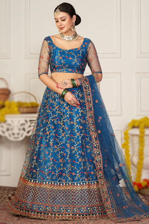 Sea Blue Zari Embroidered Net Lehenga For Sangeet 