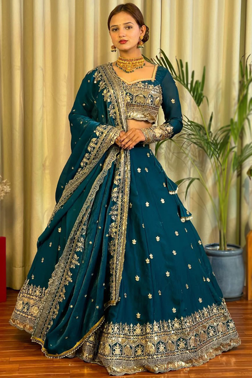 Sea Blue Zari Embroidered Satin Panelled Style Lehenga