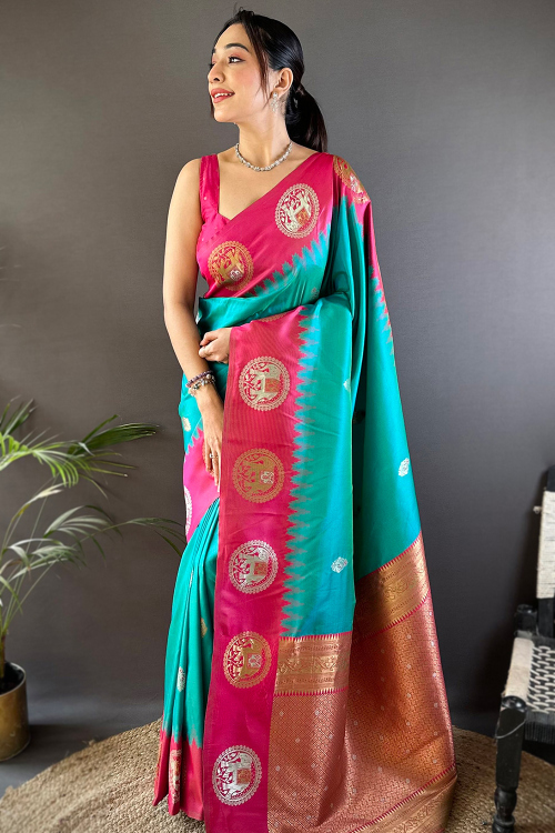 Sea Green Art Silk Broad Border Saree With Weaved Work