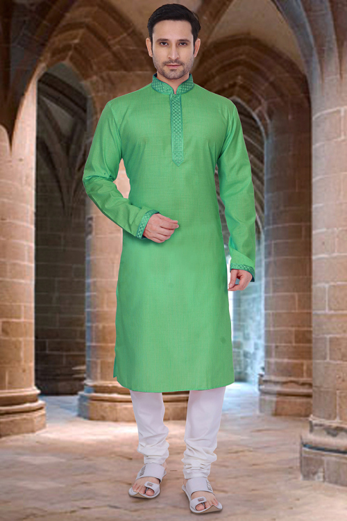 Sea Green Cotton Lace Embroidered Men's Kurta Churidar 