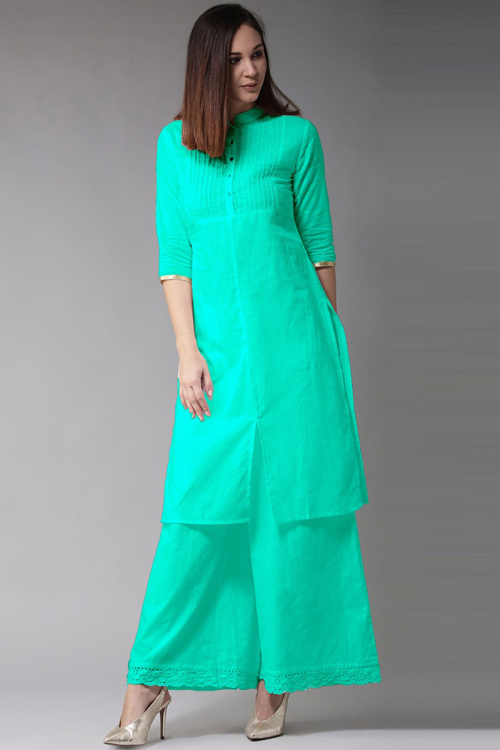 Sea Green Cotton Slub Kurti With Palazzo Pant