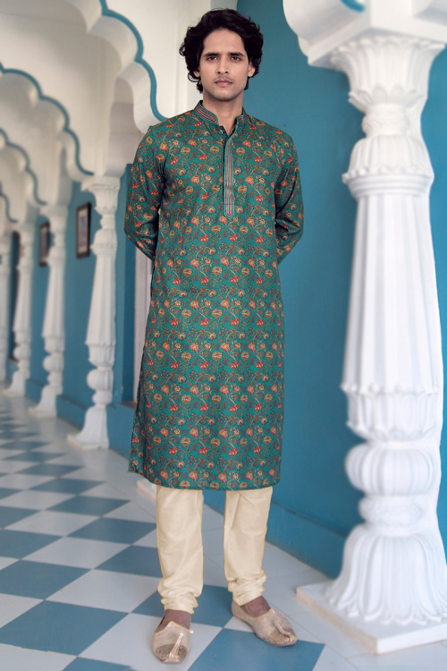 Sea Green Floral Print Cotton Silk Straight Cut Men's Kurta Pajama