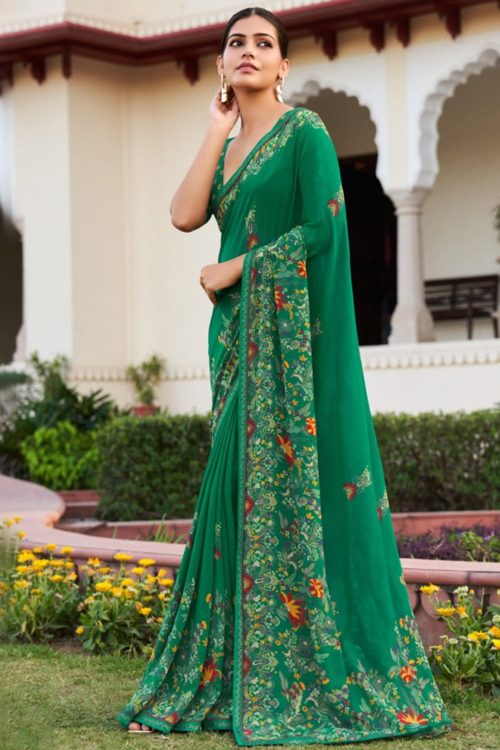 Sea Green Georgette Printed Saree For Casual Wear