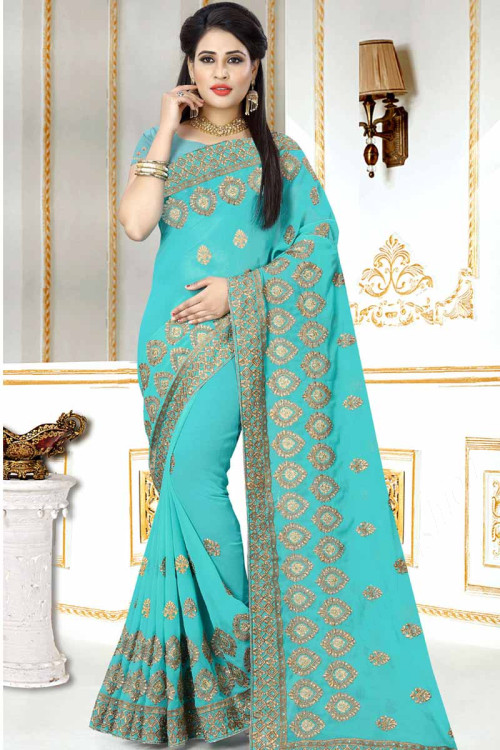 Sea green Georgette Saree With Georgette Blouse
