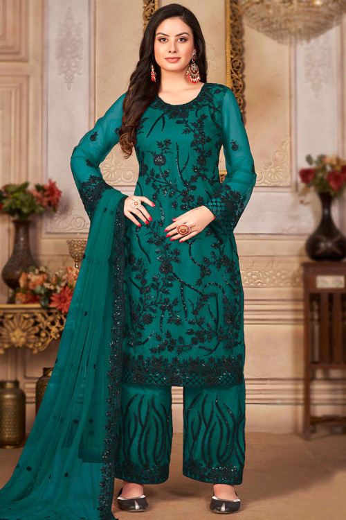 Green Embroidered Pant Suit In Slit Style