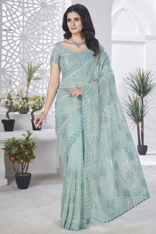 Sea Green Organza Embroidered Light Weight Saree 