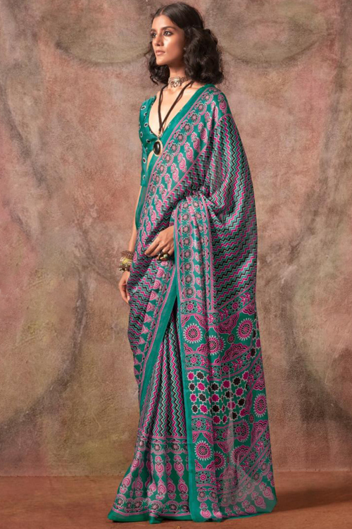 Sea Green Satin Georgette Saree With Printed Work For Mehndi