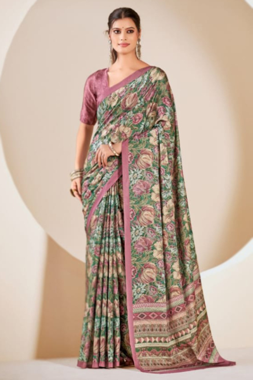 Sea Green Satin Saree With Printed Work For Festival