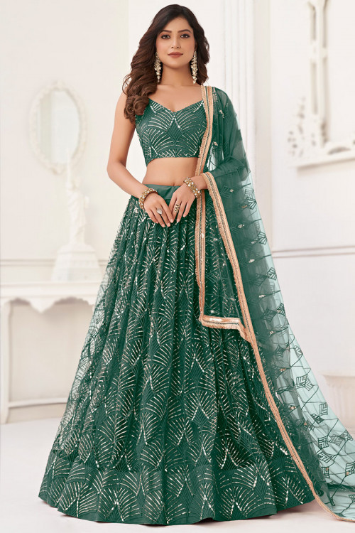 Sea Green Sequins Embroidered Flared Style Net Lehenga