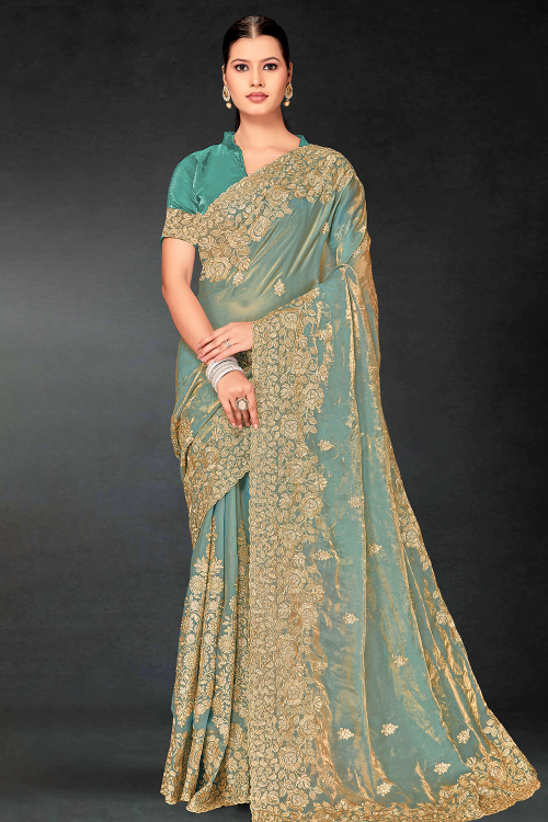 Sea Green Shimmer Organza Saree With Zari Work