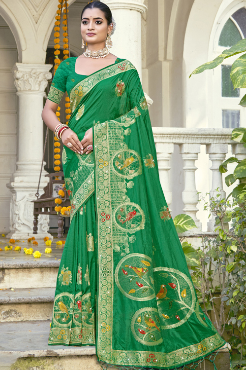 Sea Green Silk Blend Broad Weaved Border Saree