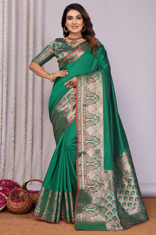 Sea Green Soft Silk Weaved Broad Border Saree