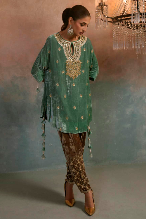 Sea Green Velvet Embroidered Trouser Suit Wedding Wear