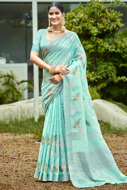 Seafoam Green Cotton Embroidered Saree For Casual Wear