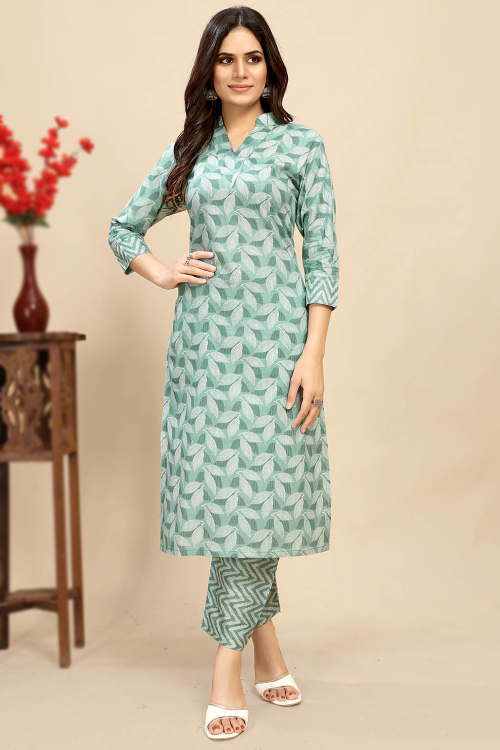 Seafoam Green Cotton Printed Ready to Wear Casual Wear Trouser Suit