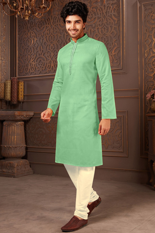Seafoam Green Cotton Straight Cut Men Churidar Kurta Pajama