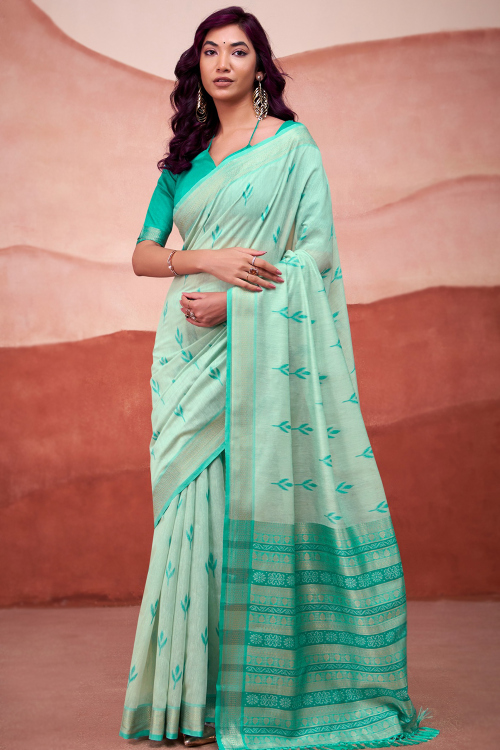 Seafoam Green Cotton Weaved Broad Border Saree