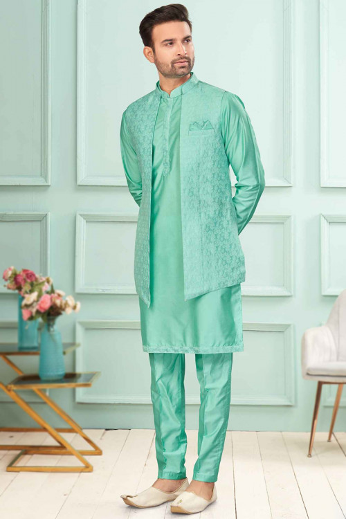 Seafoam Green Dupion Silk Men's Jacket Style Kurta Pajama With Lace
