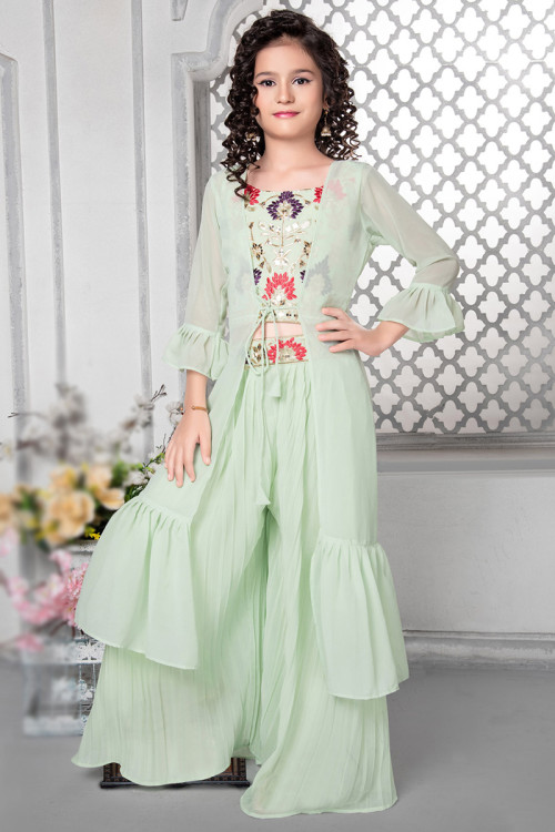 Sea Green Georgette Palazzo Set With Jacket | Plazo suit design, Suits for  women, Palazzo suit design