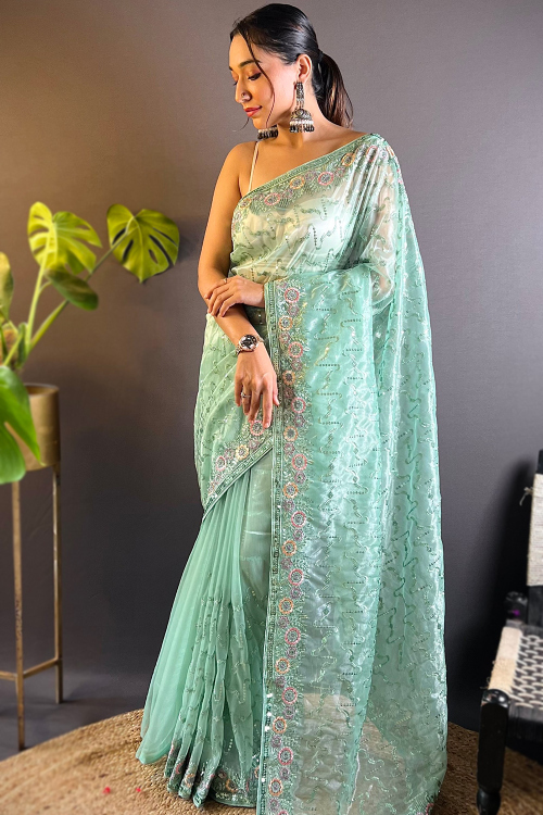 Seafoam Green Embroidered Net Light Weight Saree