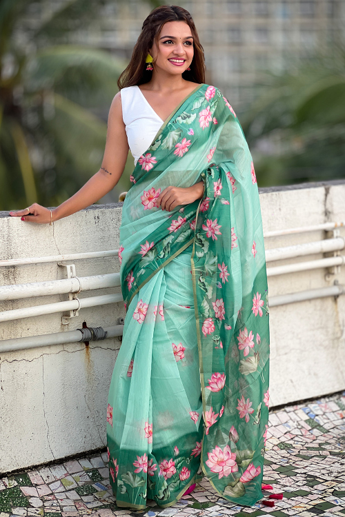 Seafoam Green Floral Printed Chanderi Cotton Saree