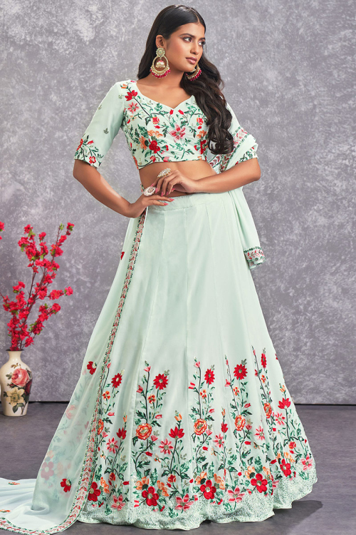 Seafoam Green Mehndi Resham Embroidered Lehenga in Georgette