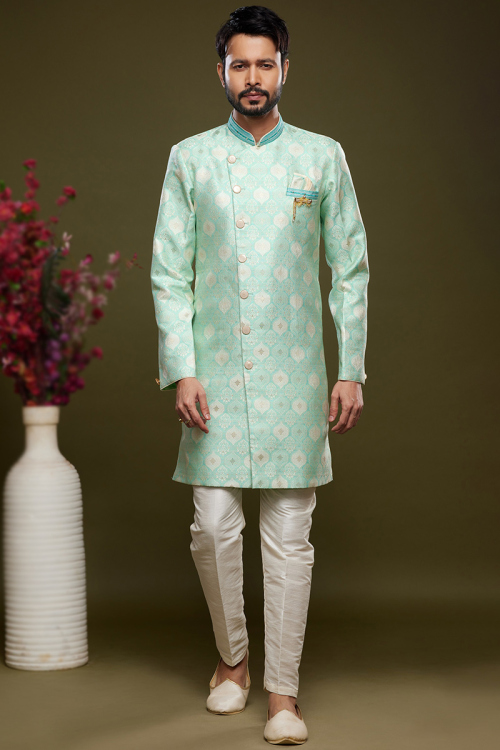 Seafoam Green Jacquard Straight Cut Men's Sherwani With Woven Zari