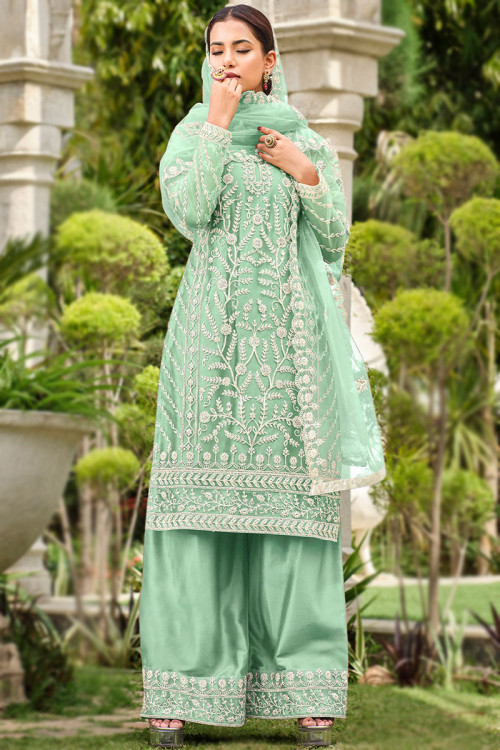 Seafoam Green Net Embroidered Straight Cut Palazzo Suit