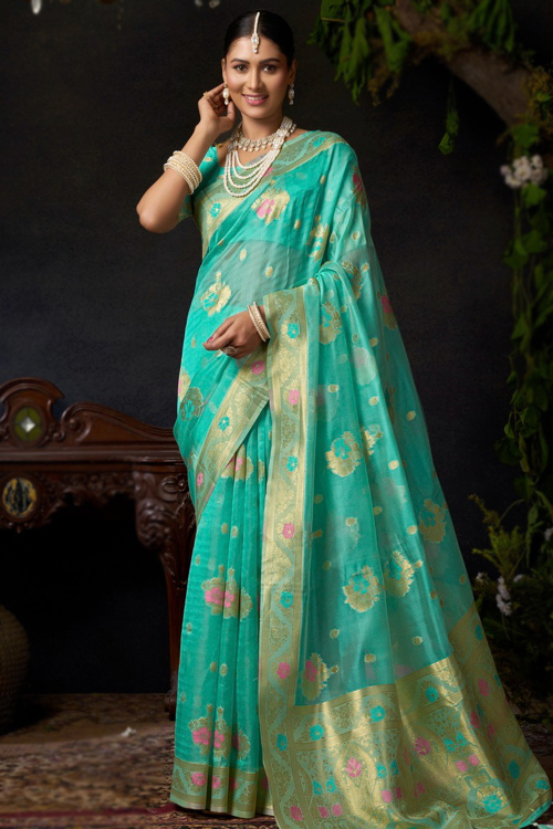 Seafoam Green Organza Broad Border Saree With Weaved Work