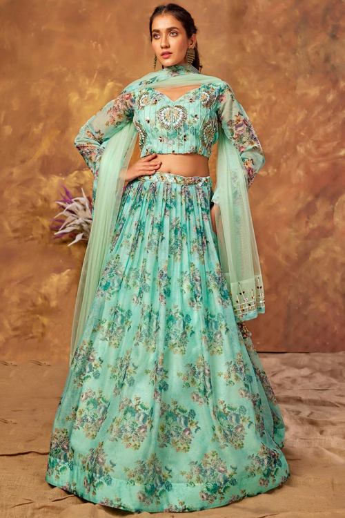 Seafoam Green Organza Printed Lehenga